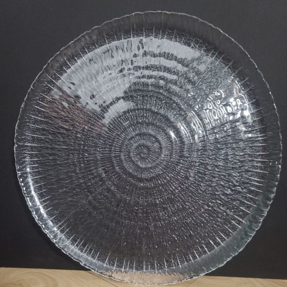 Vintage 1970's Arcoroc Spiral Ammonite Fossil Textured Clear‎ Glass Platter